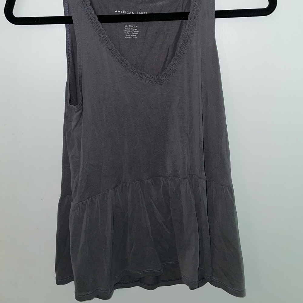 Grey Tank Top with Lace Trim on Neckline